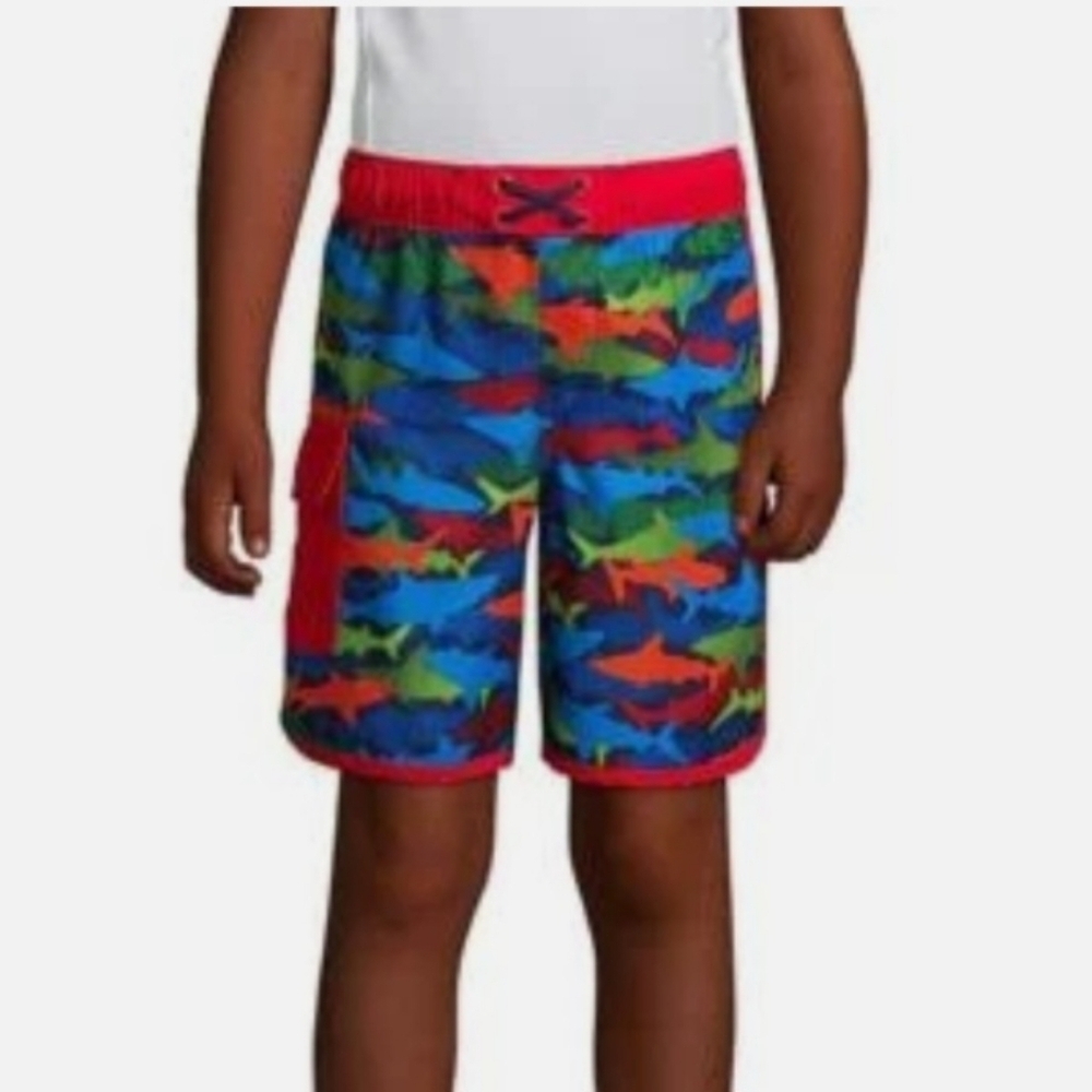 Lands’ End Deep Sea Navy Multicolor Shark Pattern Swim Trunks XL(14S-16S)